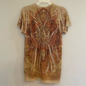 Pretty Good Y2k Short Sleeve Knit Tunic Light Sweater Top Boho Festival Print XL